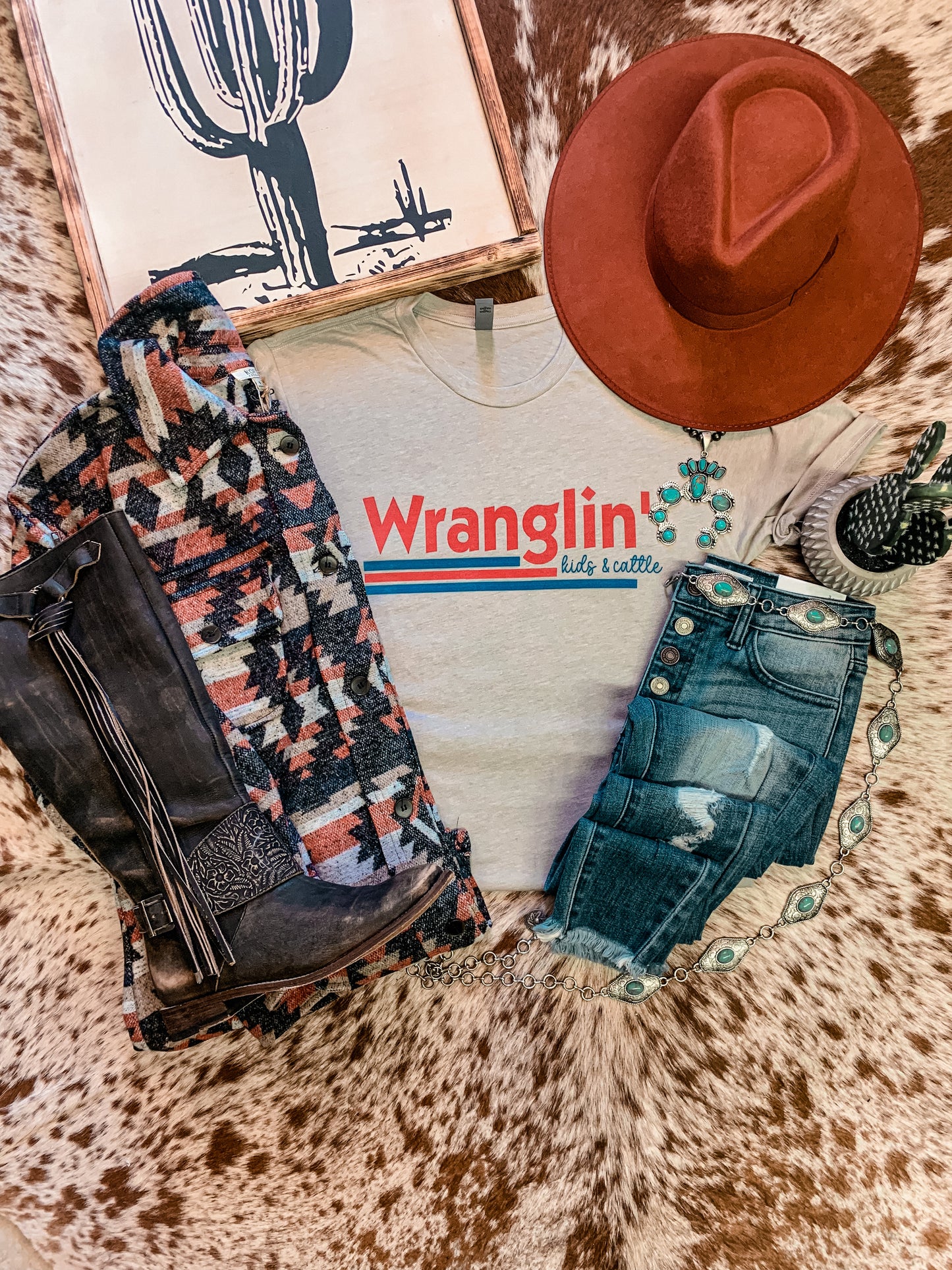 Wranglin Kids & Cattle Tee (Light Grey) - The Vintage Emmie