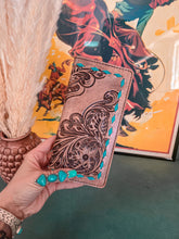 The Ole Allie Tooled Leather Wallet (Floral Turquoise Stitching)