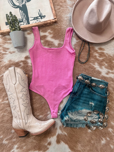 The Poteet Ribbed Square Neck Bodysuit (Pink)