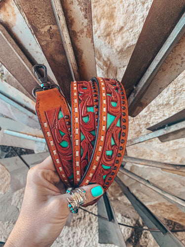 Leather Tooled Purse Strap (Red & Turquoise Cut Out)