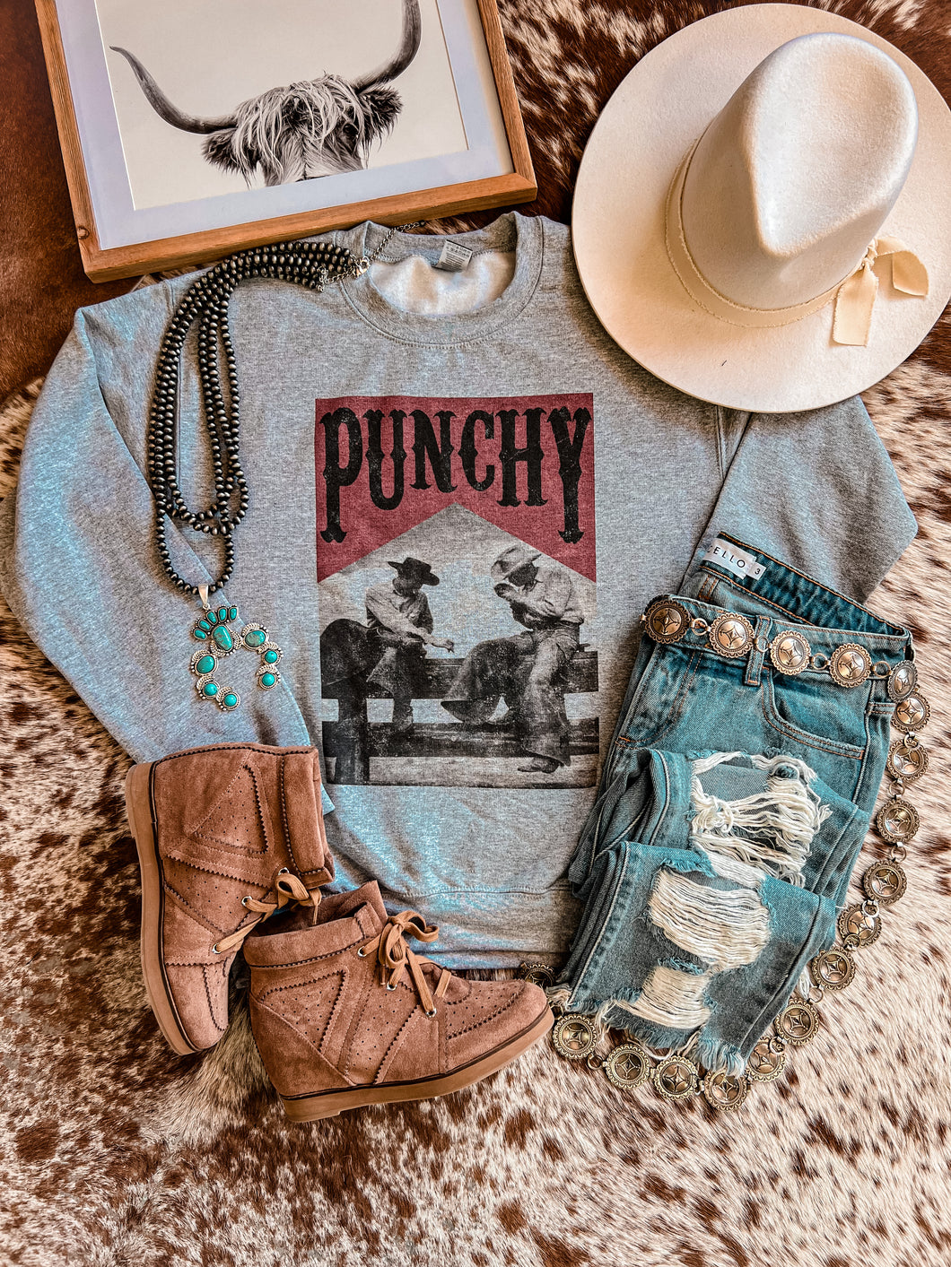 Punchy Western Cowboy Sweatshirt (Grey)