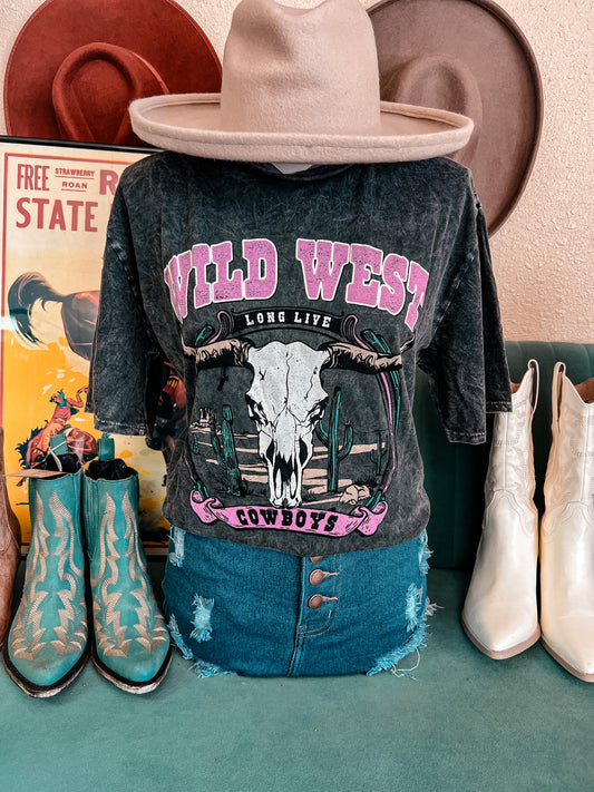 Long Live Wild West Cowboys Mineral Wash Tee (Black) - The Vintage Emmie