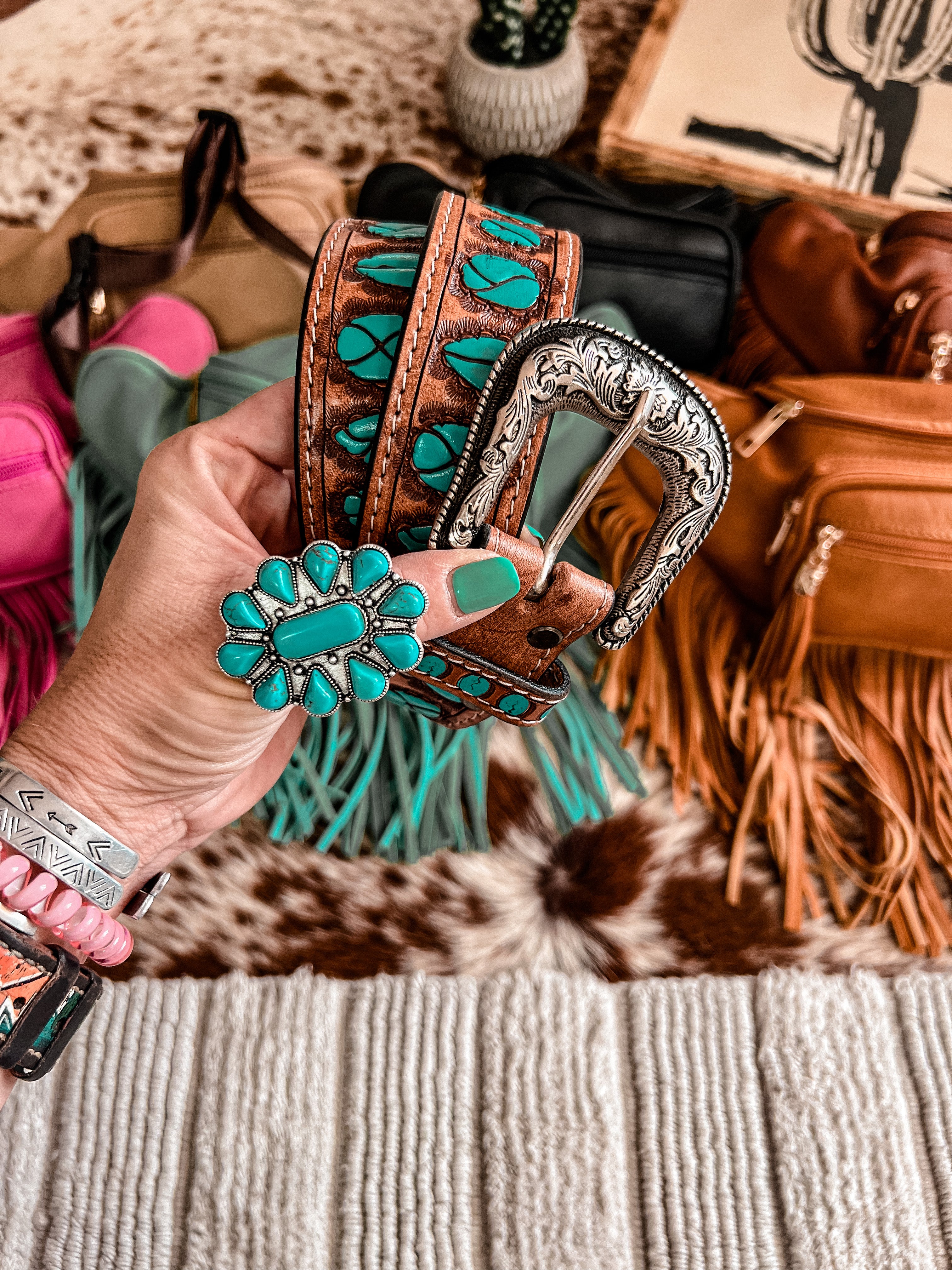 Turquoise Accent Hand Tooled Leather Belt | Wild Wild West | TRAVELTELI 40