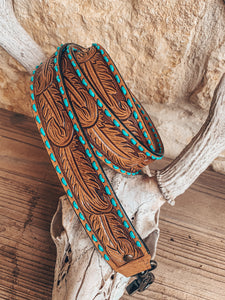 Leather Tooled Purse Strap (Light Brown Feathers)
