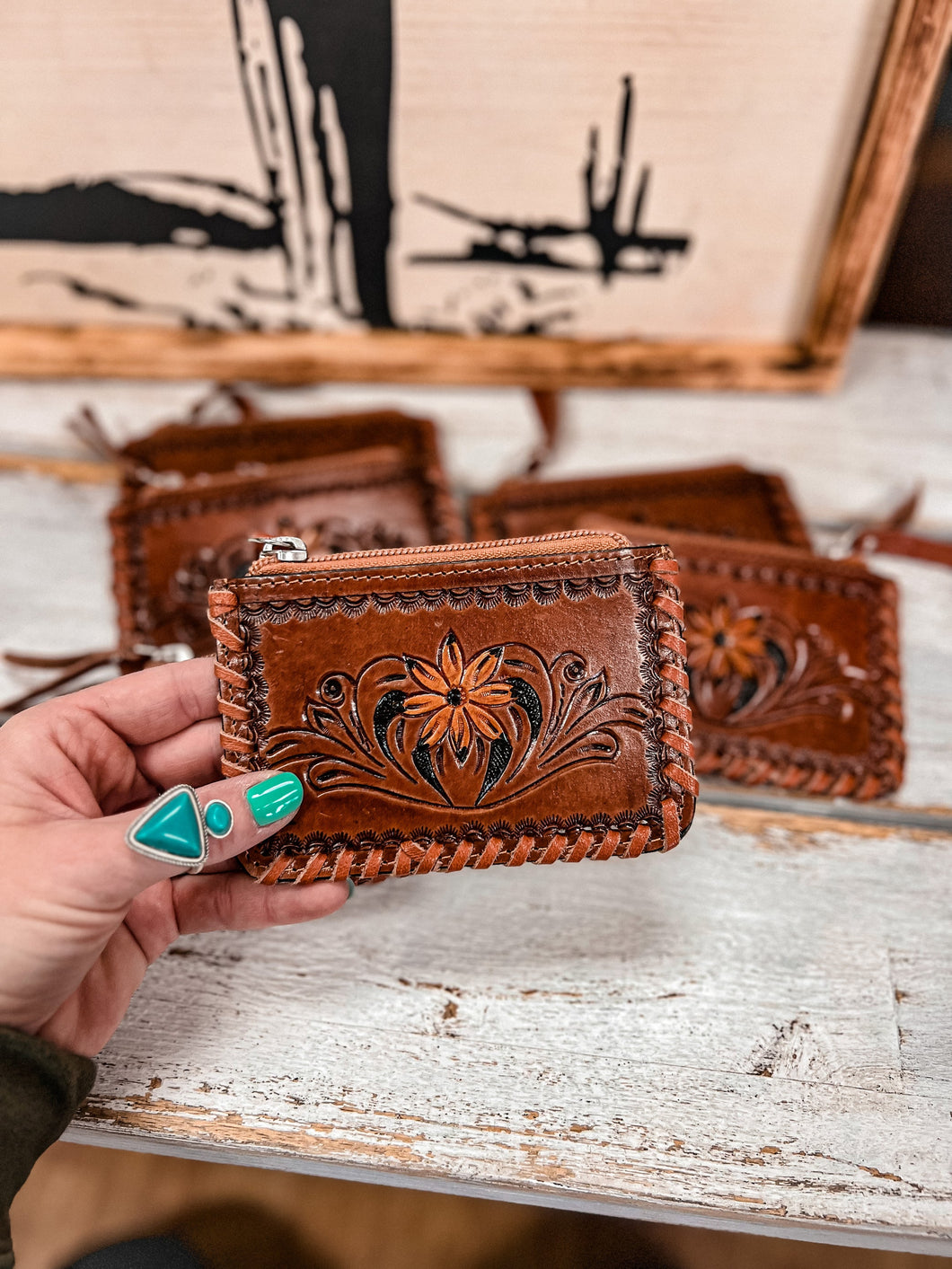 Tooled Leather & Cowhide Coin Purse (Yellow Flower)