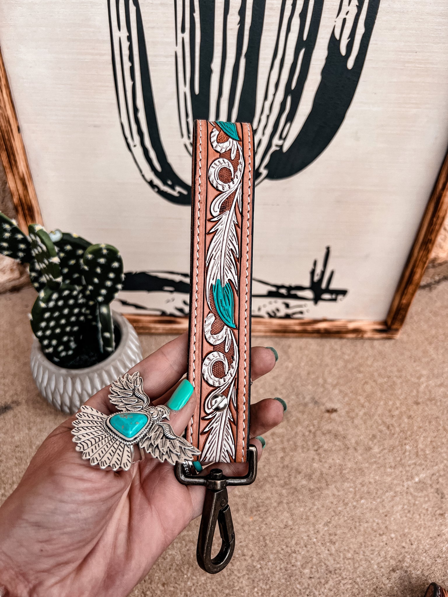 Leather Tooled Purse Strap (Cactus & White Feathers)