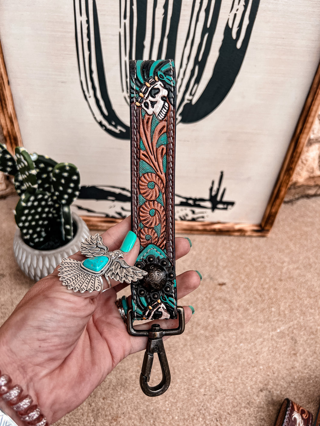 Tooled Leather Keychain (Turquoise Skull)