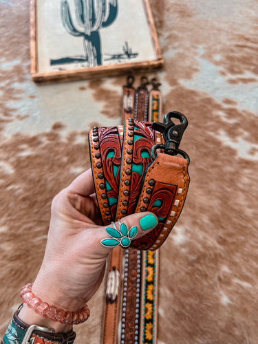 Leather Tooled Purse Strap (Turquoise Cutout & Studs)