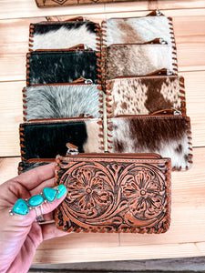Tooled Leather & Cowhide Coin Purse (Brown Flower)