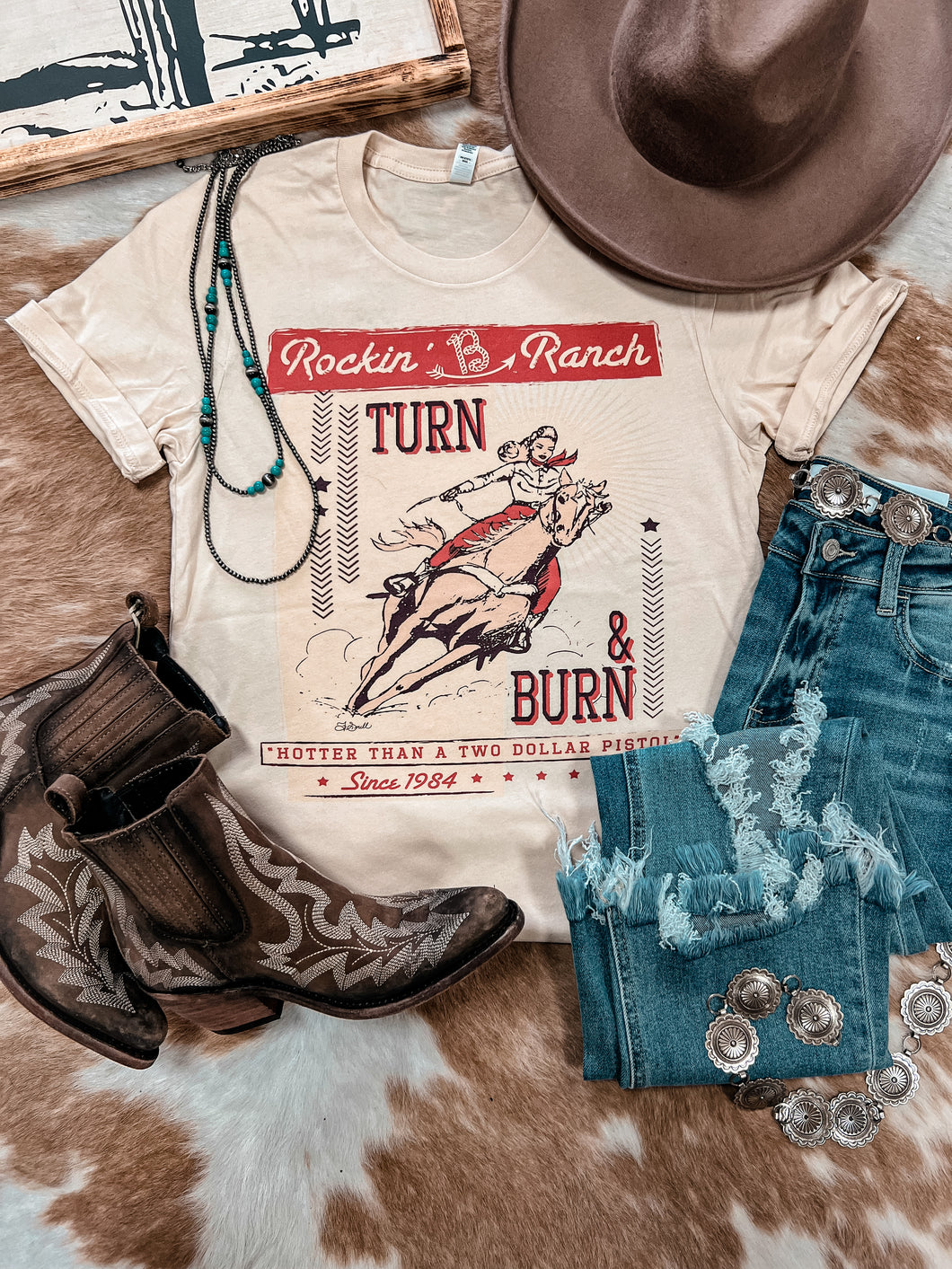 Turn & Burn Cowgirl Tee (Cream)