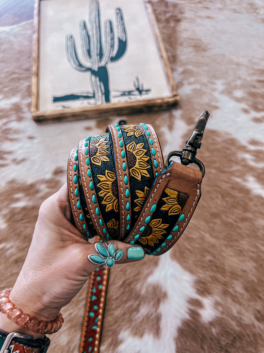 Tooled Leather Purse Strap (Sunflower & Turquoise)