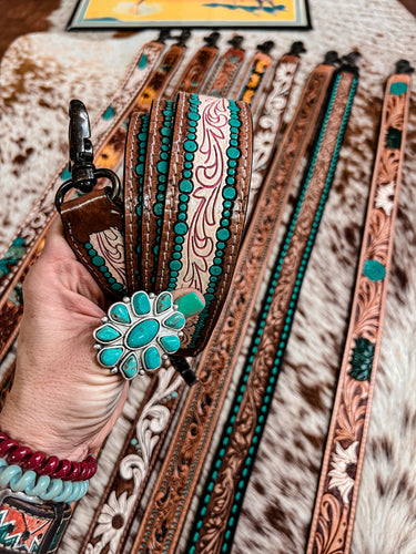 Tooled Leather Purse Strap (Turquoise Dots & Pink Swirl)