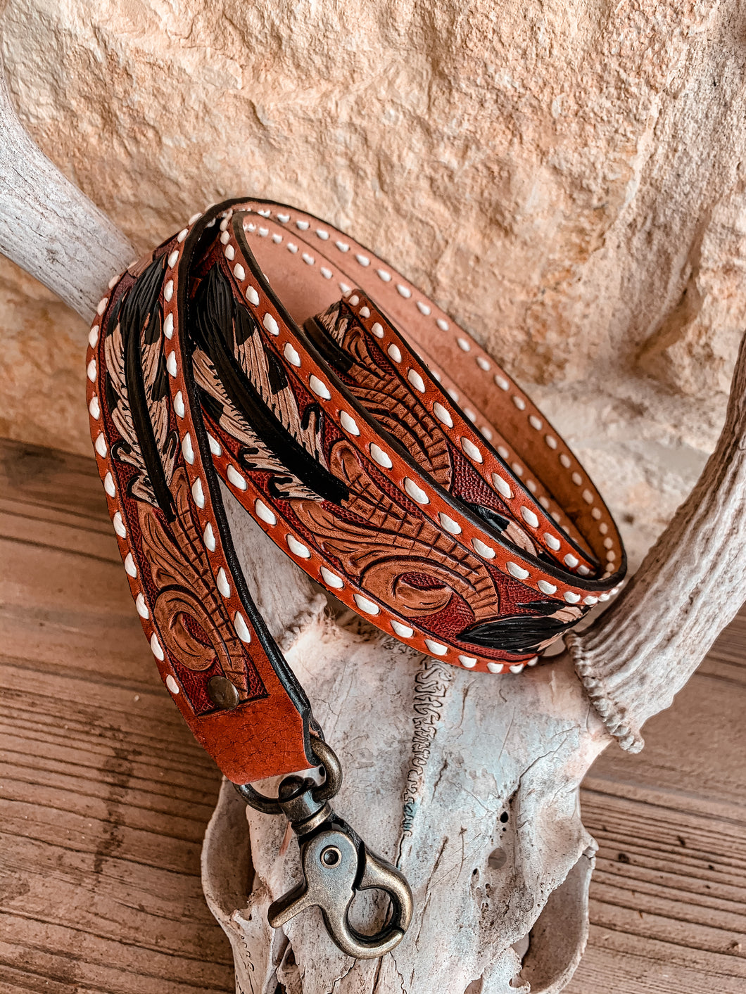 Leather Tooled Purse Strap (Black Feather)