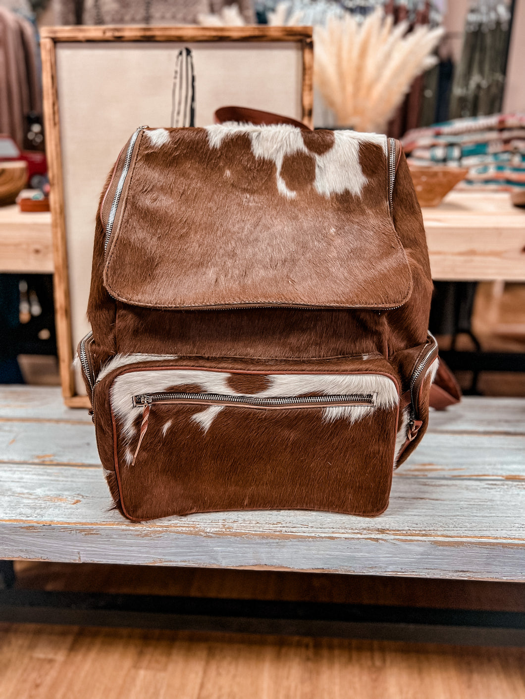 The Blue Ridge Cowhide Backpack (Brown & White Cowhide)