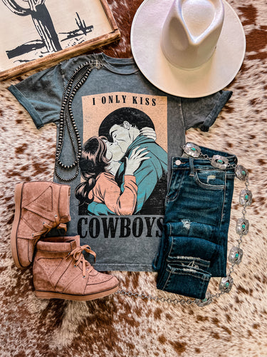 Only Kiss Cowboys Mineral Washed Tee (Stone Grey) - The Vintage Emmie